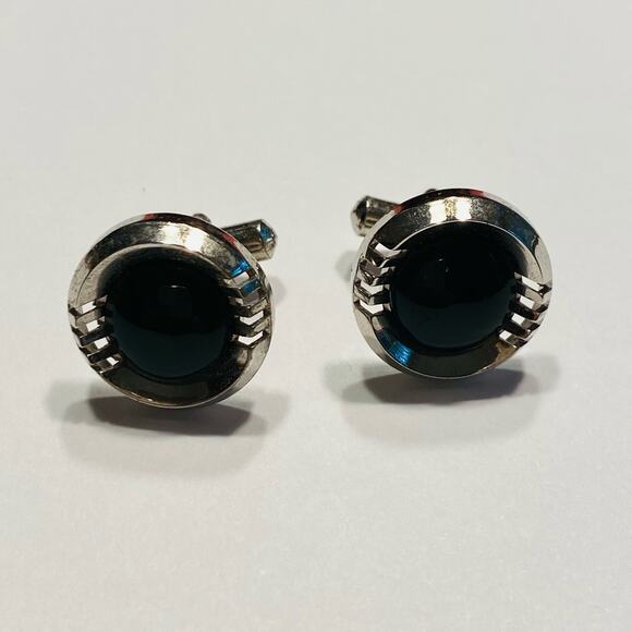 Vintage Mid Century Cufflinks silvertone & dark green stone classic rounds - Picture 3 of 6